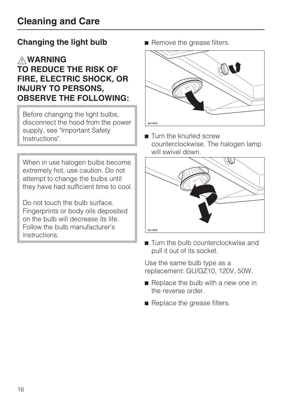 Changing the light bulb 16, Cleaning and care | Miele DA 398-5 User Manual | Page 16 / 36