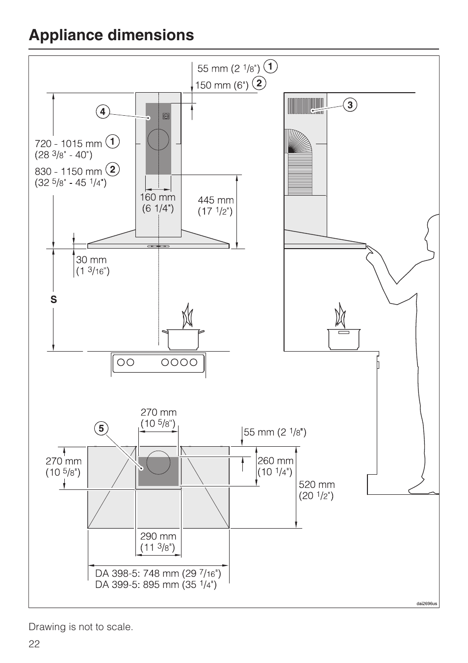Appliance dimensions 22, Appliance dimensions | Miele DA 398-5 User Manual | Page 22 / 36