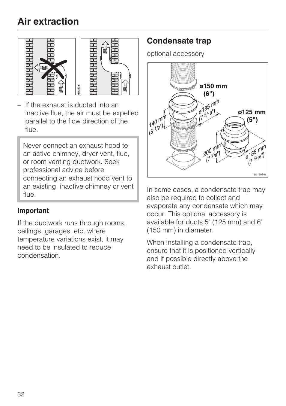 Air extraction, Condensate trap | Miele DA 398-5 User Manual | Page 32 / 36