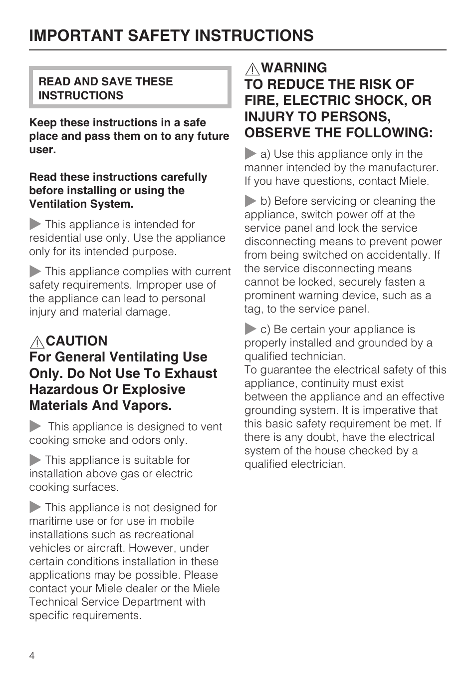 Important safety instructions 4, Important safety instructions | Miele DA 398-5 User Manual | Page 4 / 36