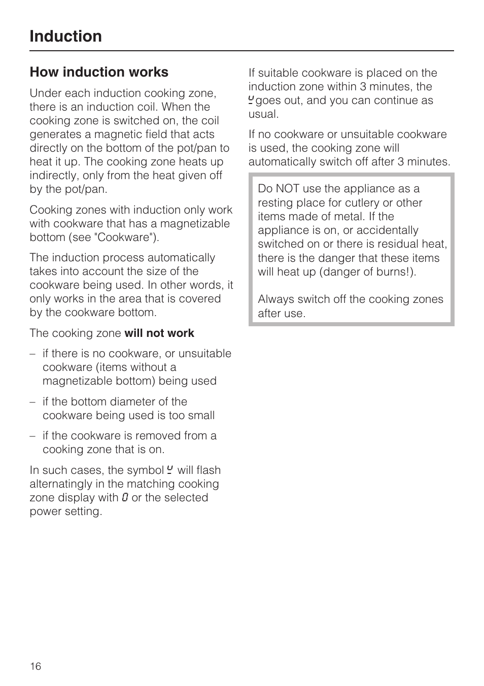 Induction 16, How induction works 16, Induction | How induction works | Miele KM5947 User Manual | Page 16 / 56