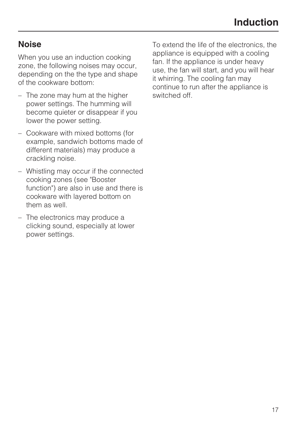Noise 17, Induction, Noise | Miele KM5947 User Manual | Page 17 / 56