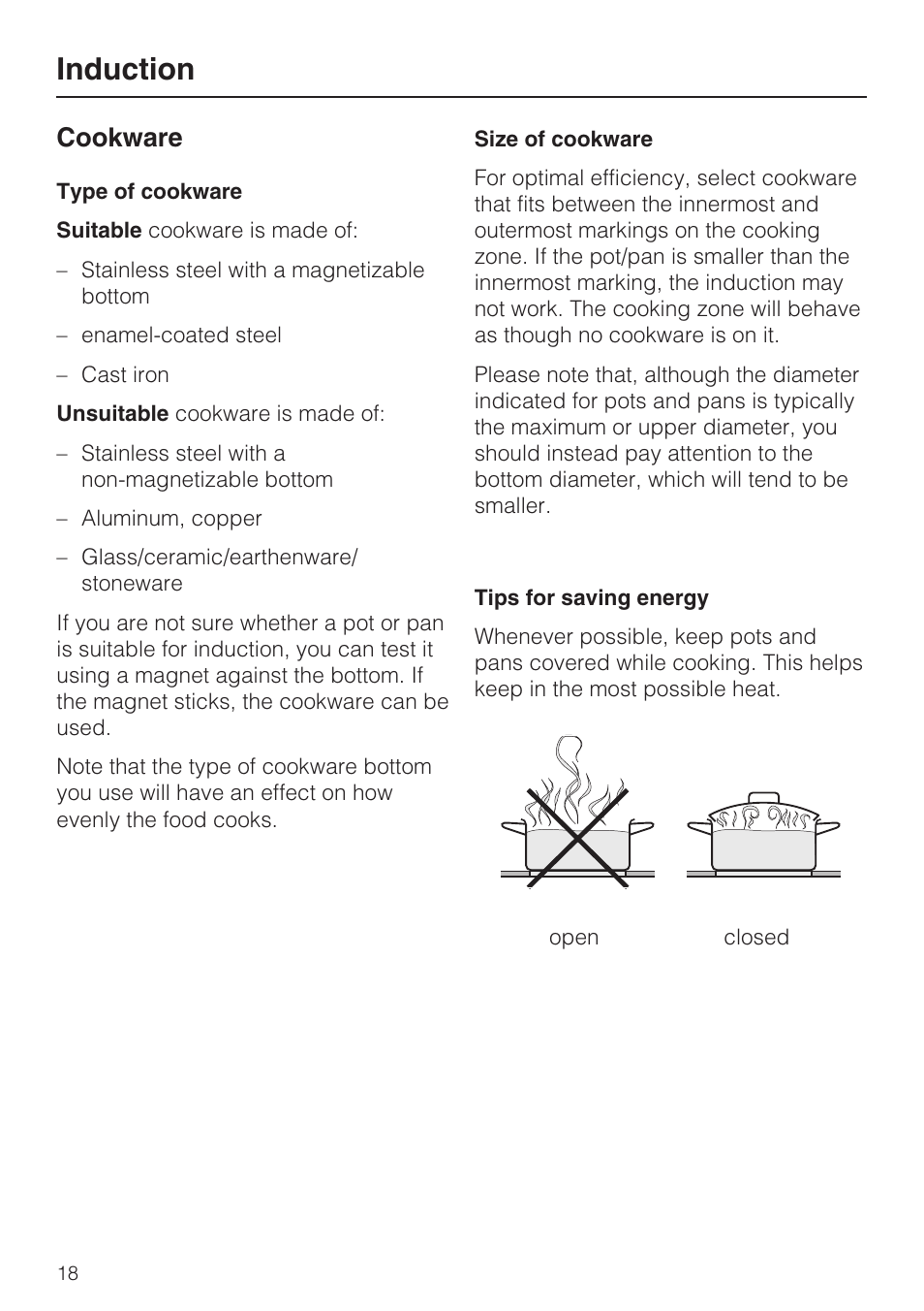 Cookware 18, Induction, Cookware | Miele KM5947 User Manual | Page 18 / 56
