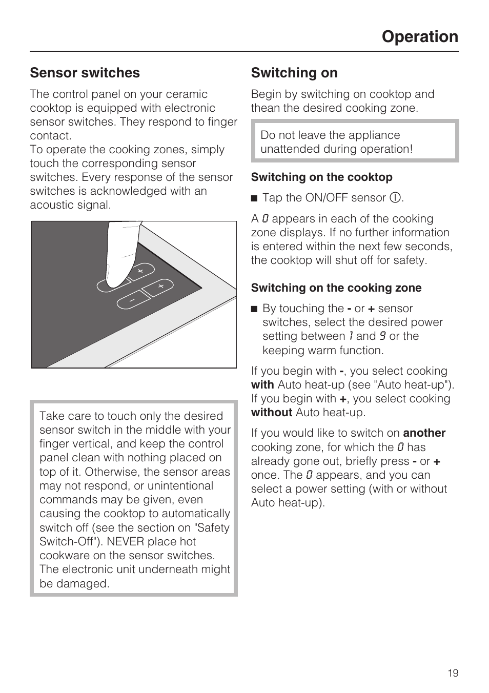 Operation 19, Sensor switches 19, Switching on 19 | Operation, Sensor switches, Switching on | Miele KM5947 User Manual | Page 19 / 56