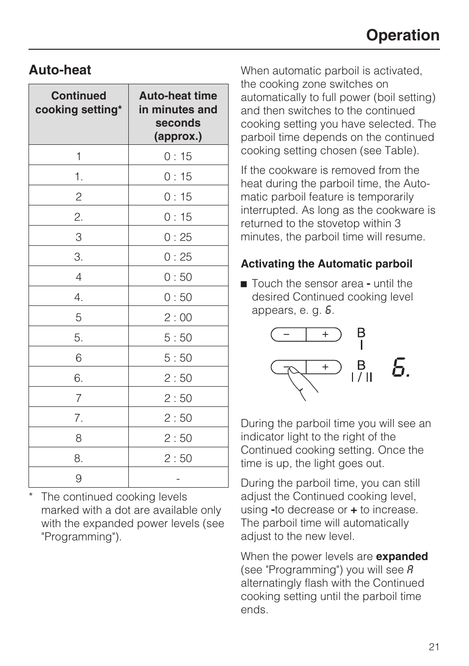 Auto-heat 21, Operation, Auto-heat | Miele KM5947 User Manual | Page 21 / 56