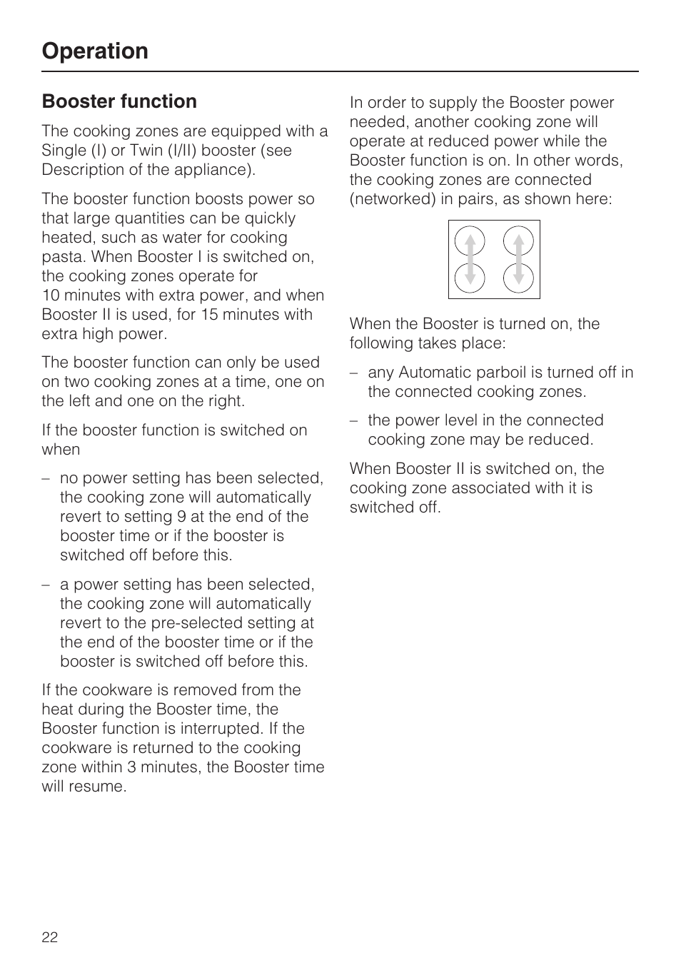 Booster function 22, Operation, Booster function | Miele KM5947 User Manual | Page 22 / 56