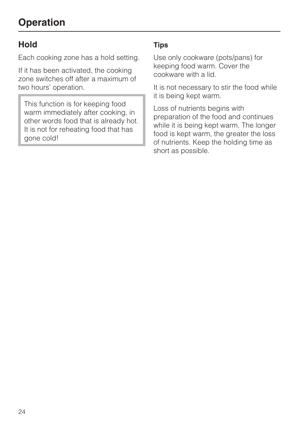 Hold 24, Operation, Hold | Miele KM5947 User Manual | Page 24 / 56