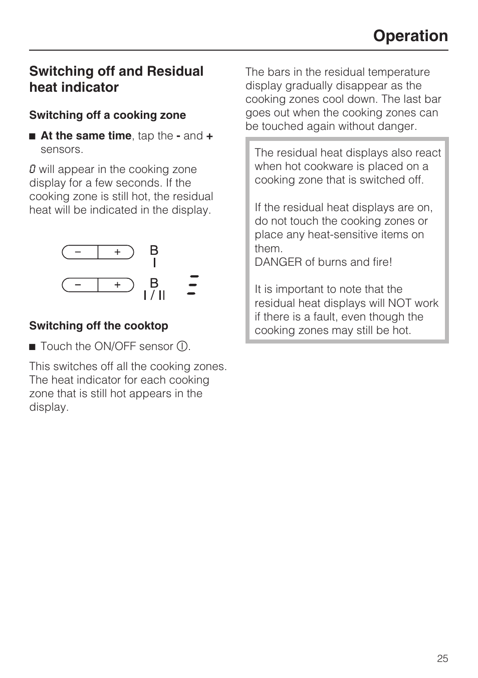 Switching off and residual heat indicator 25, Operation, Switching off and residual heat indicator | Miele KM5947 User Manual | Page 25 / 56