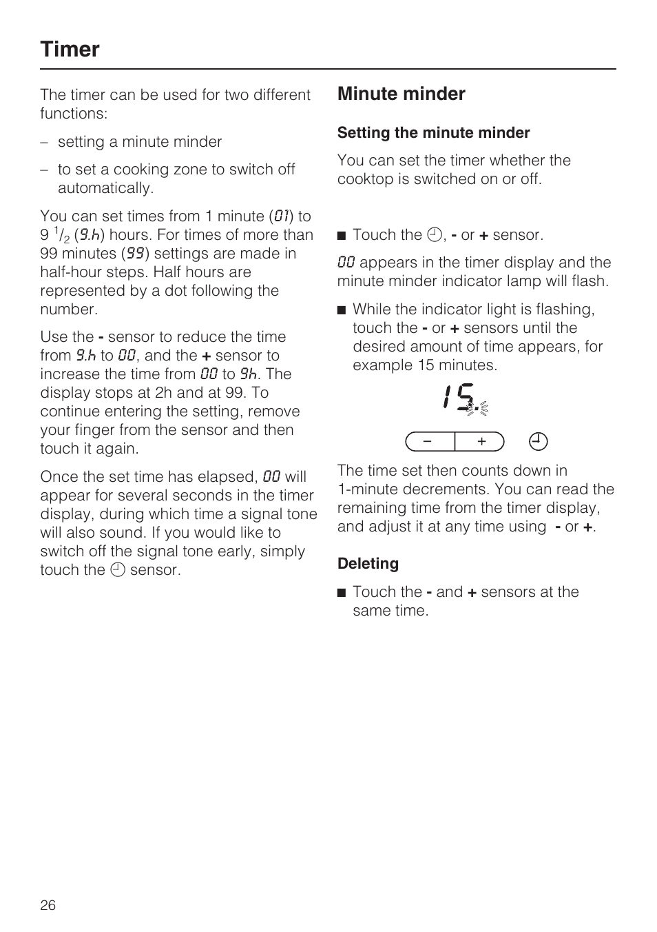 Timer 26, Minute minder 26, Timer | Minute minder | Miele KM5947 User Manual | Page 26 / 56