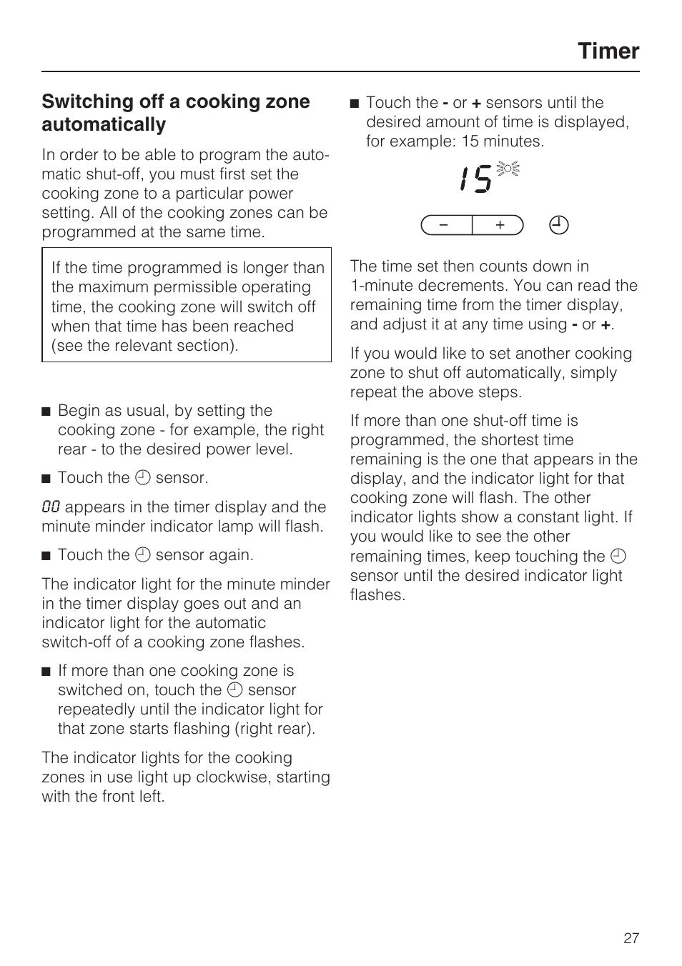 Switching off a cooking zone automatically 27, Timer, Switching off a cooking zone automatically | Miele KM5947 User Manual | Page 27 / 56