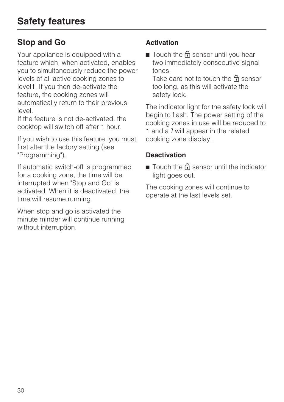 Stop and go 30, Safety features, Stop and go | Miele KM5947 User Manual | Page 30 / 56