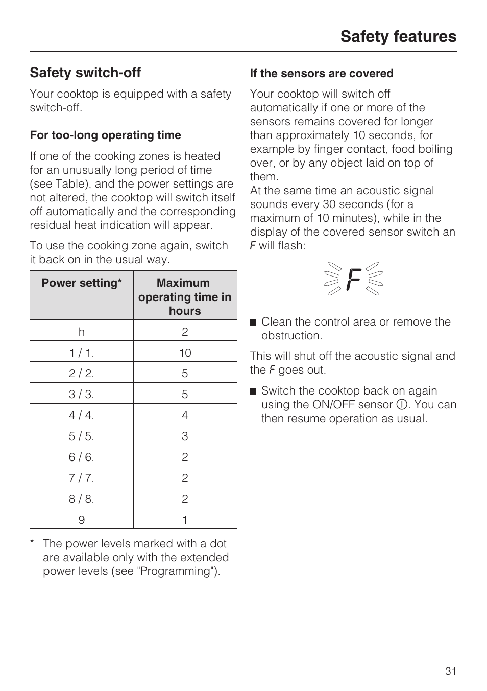 Safety switch-off 31, Safety features, Safety switch-off | Miele KM5947 User Manual | Page 31 / 56