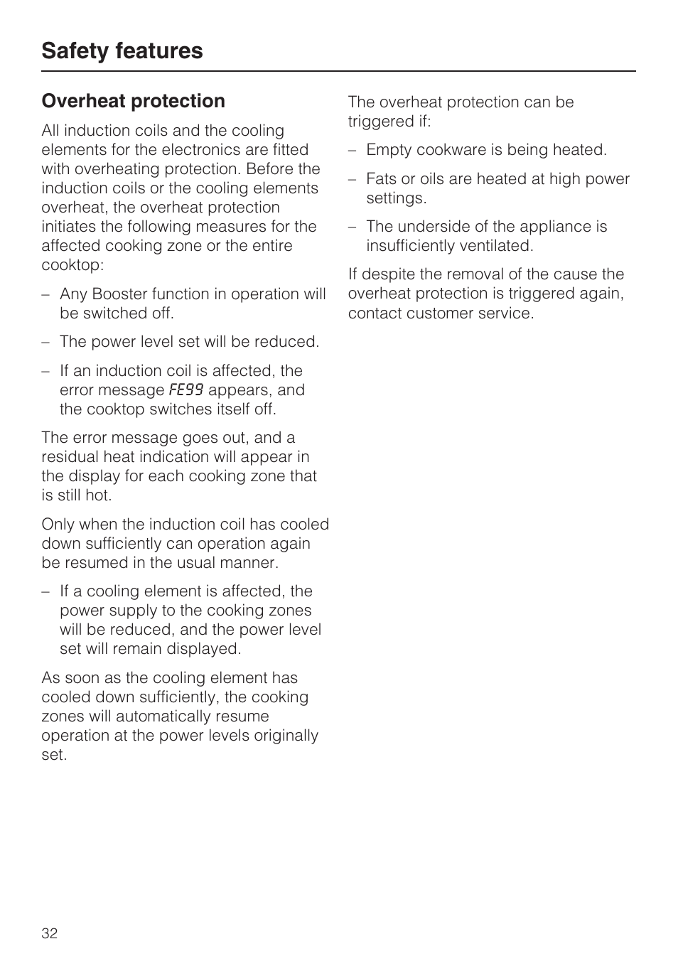 Overheat protection 32, Safety features, Overheat protection | Miele KM5947 User Manual | Page 32 / 56