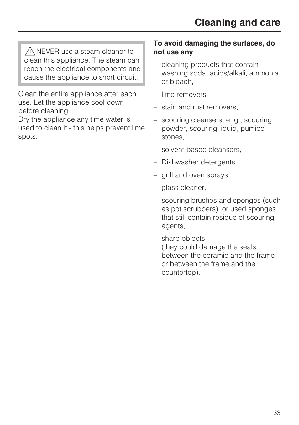 Cleaning and care 33, Cleaning and care | Miele KM5947 User Manual | Page 33 / 56