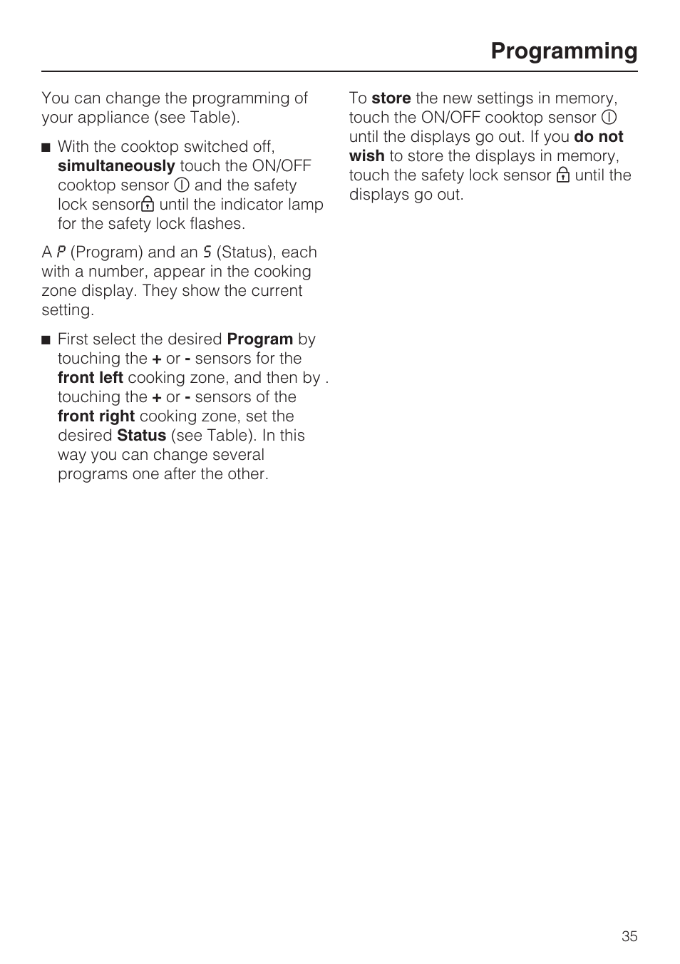 Programming 35, Programming | Miele KM5947 User Manual | Page 35 / 56