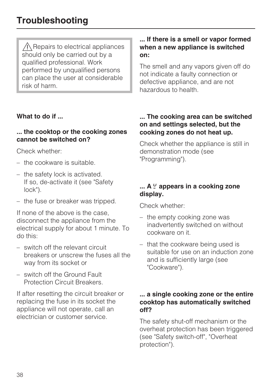 Troubleshooting 38, Troubleshooting | Miele KM5947 User Manual | Page 38 / 56