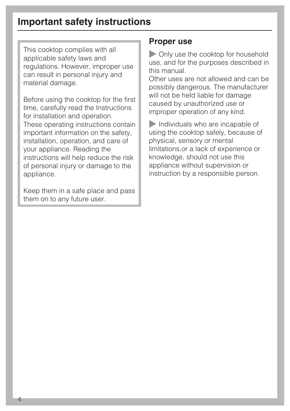 Important safety instructions 4, Important safety instructions | Miele KM5947 User Manual | Page 4 / 56