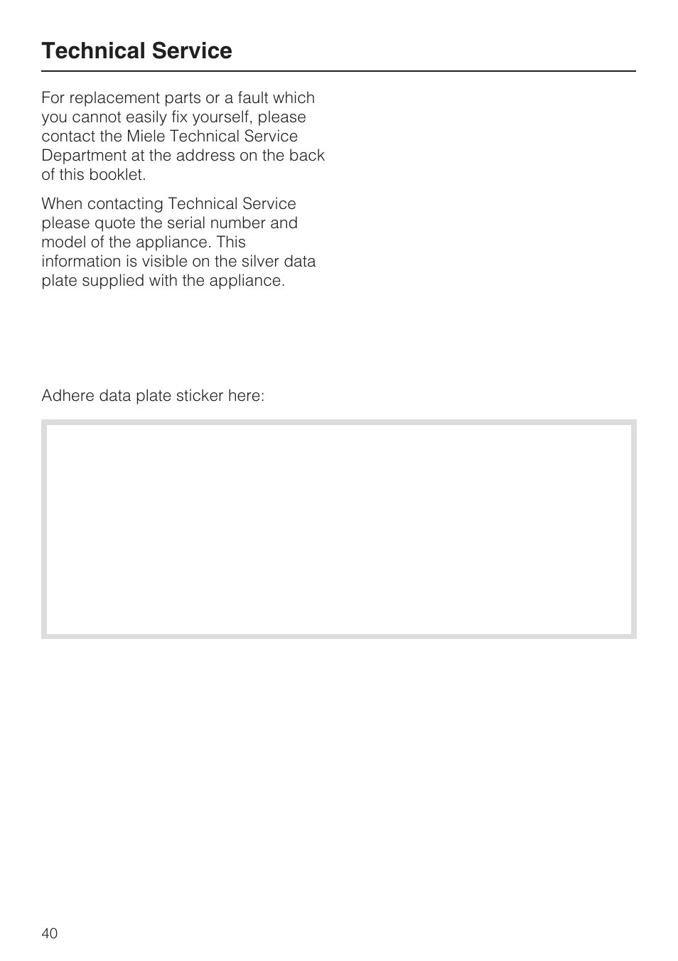 Technical service 40, Technical service | Miele KM5947 User Manual | Page 40 / 56