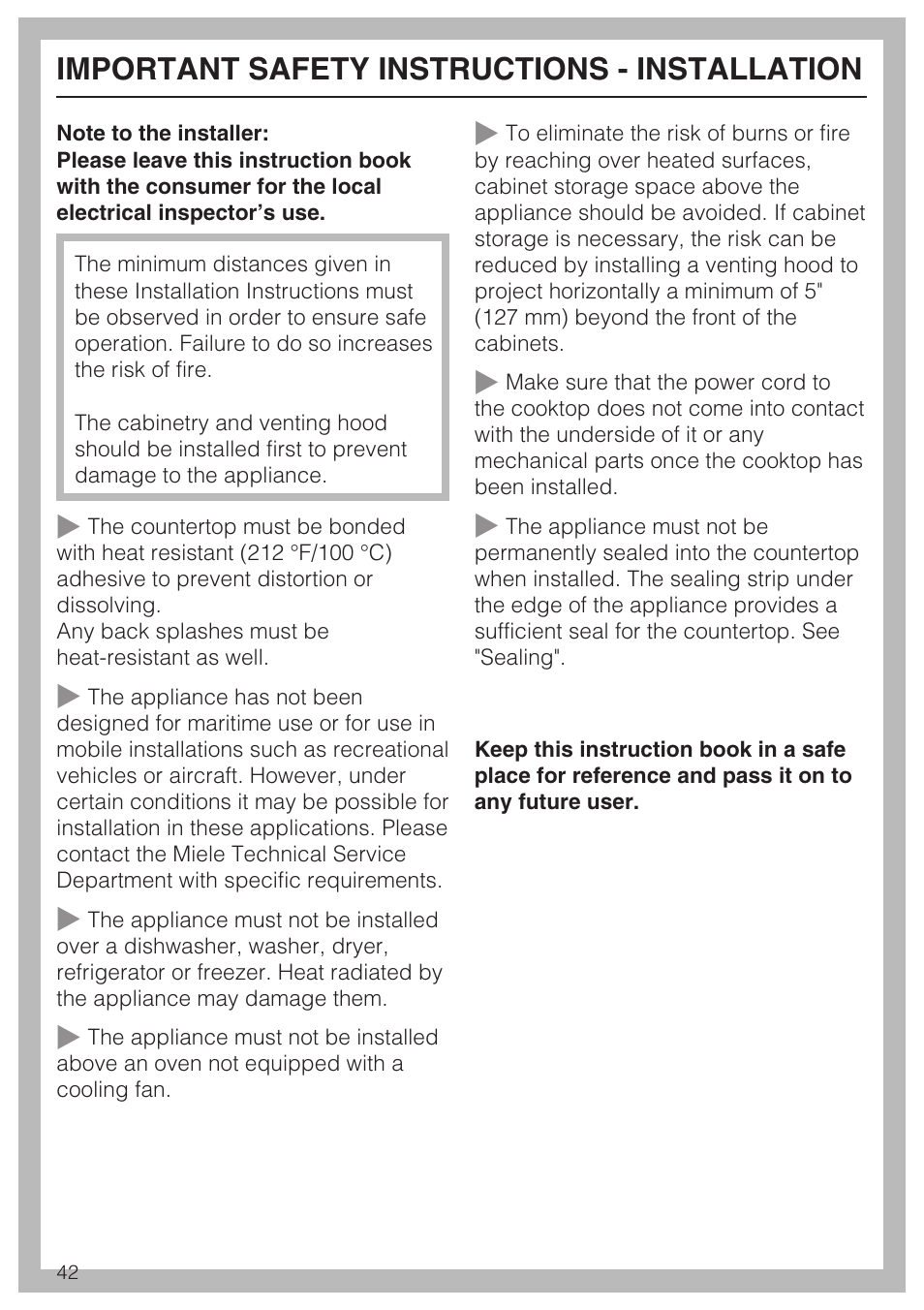 Important safety instructions - installation 42, Important safety instructions - installation | Miele KM5947 User Manual | Page 42 / 56