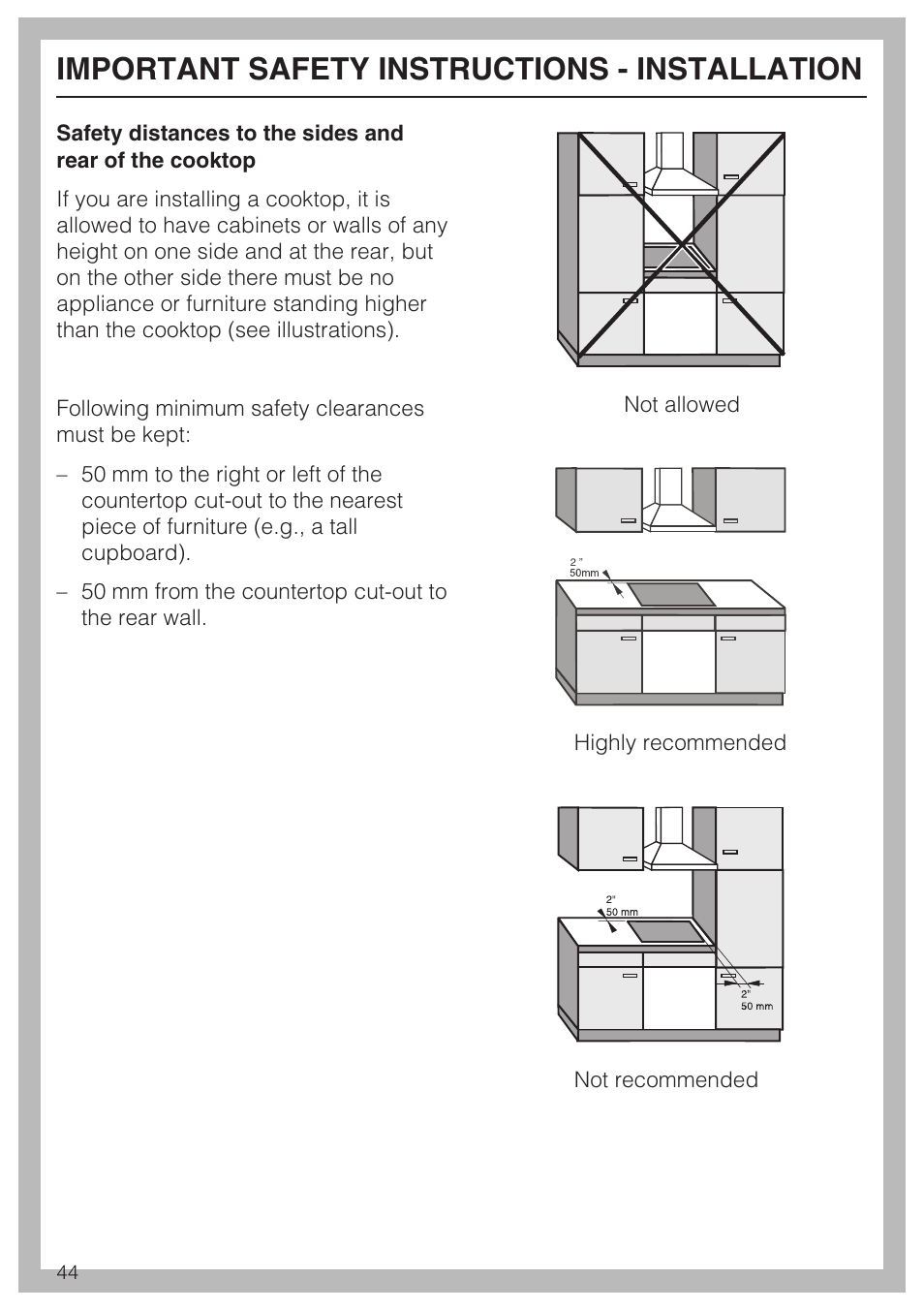Important safety instructions - installation | Miele KM5947 User Manual | Page 44 / 56