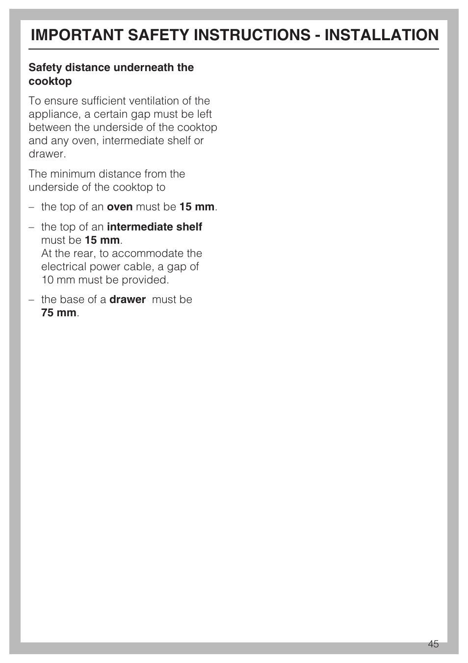 Important safety instructions - installation | Miele KM5947 User Manual | Page 45 / 56