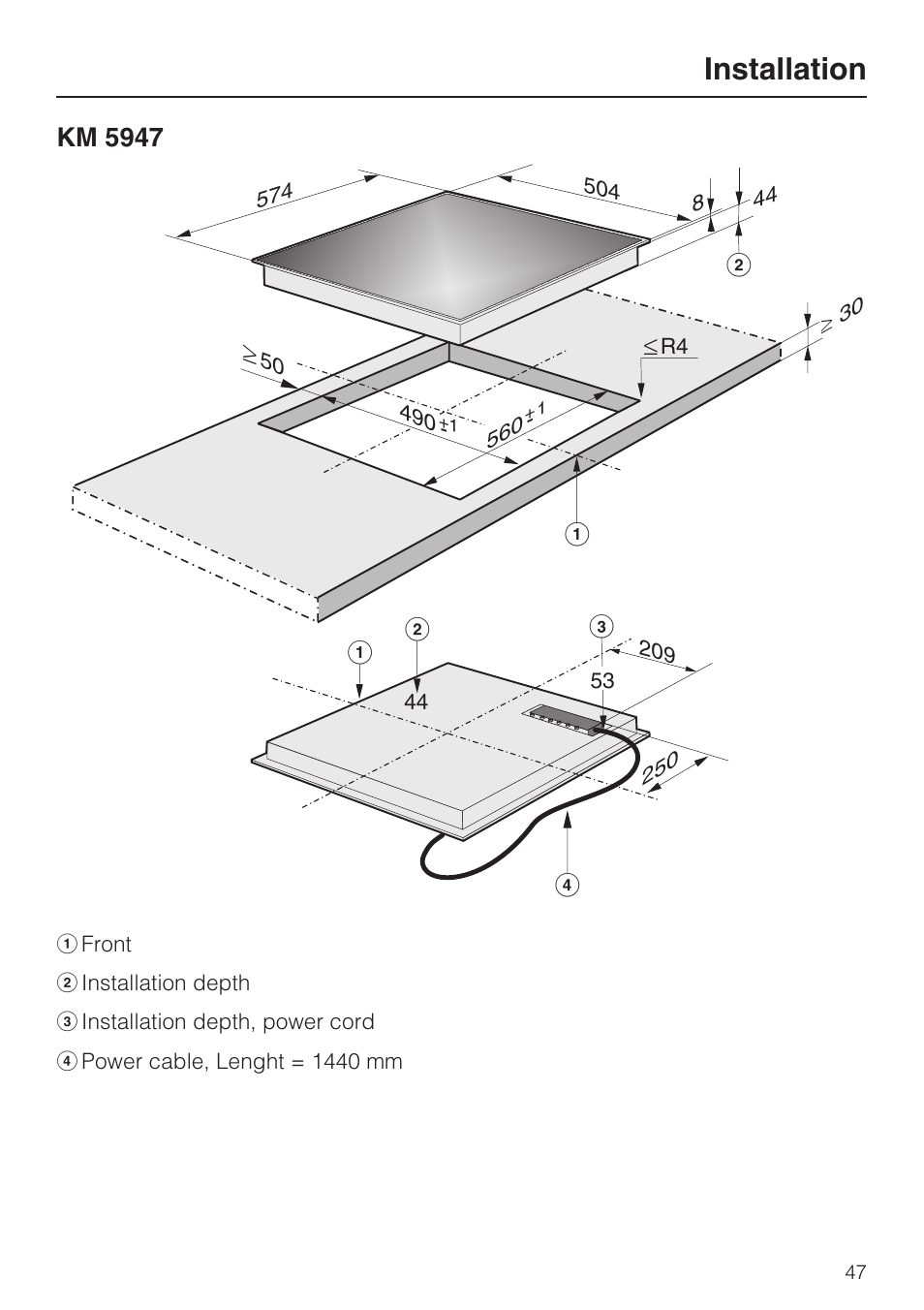 Installation 47, Installation, Km 5947 | Bd a a | Miele KM5947 User Manual | Page 47 / 56