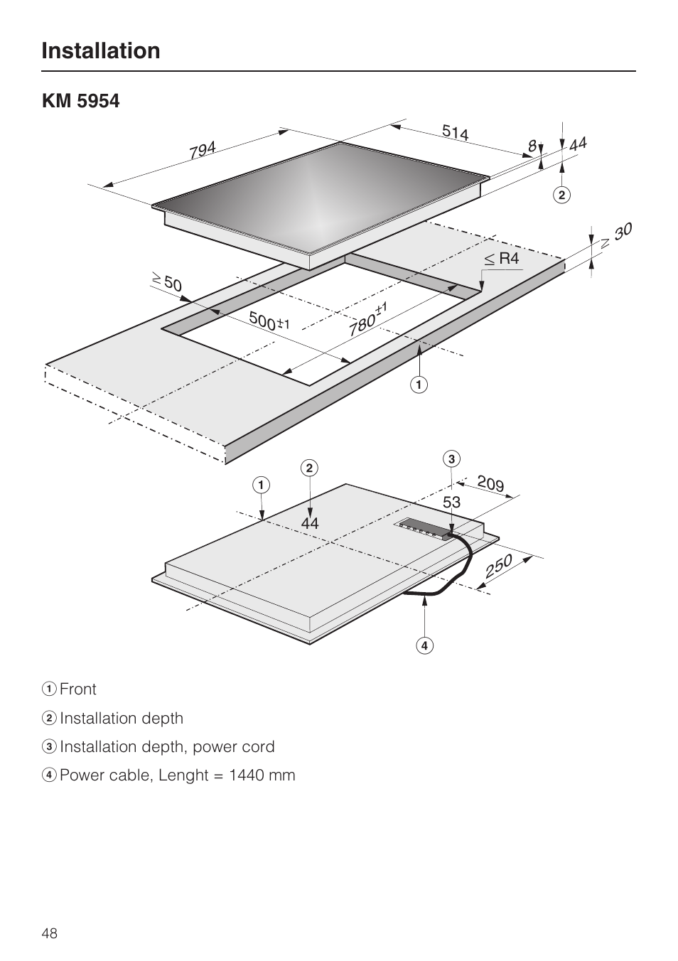 Installation, Km 5954 | Miele KM5947 User Manual | Page 48 / 56