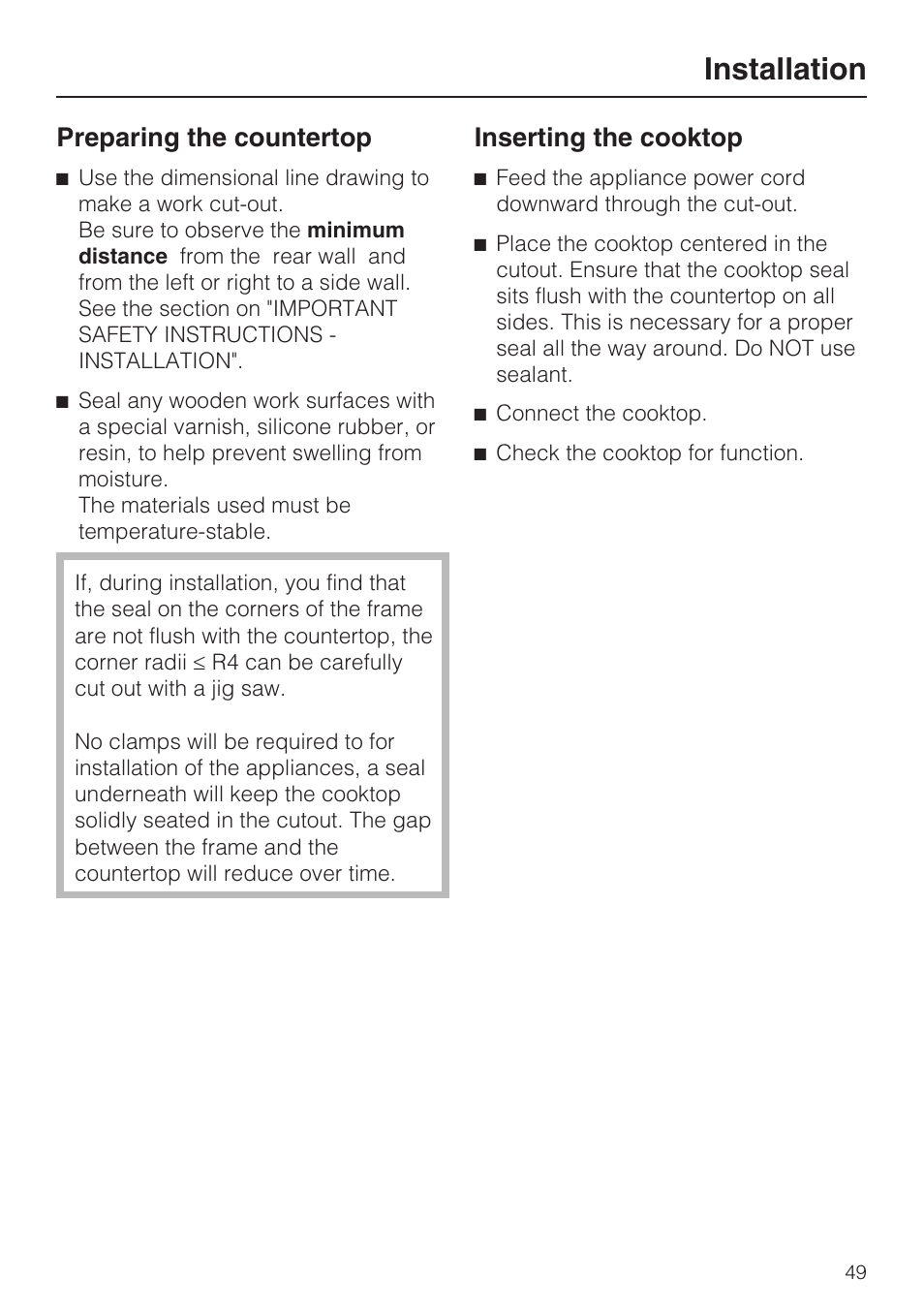 Installation, Preparing the countertop, Inserting the cooktop | Miele KM5947 User Manual | Page 49 / 56