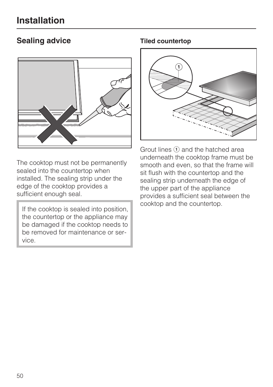 Sealing advice 50, Installation | Miele KM5947 User Manual | Page 50 / 56