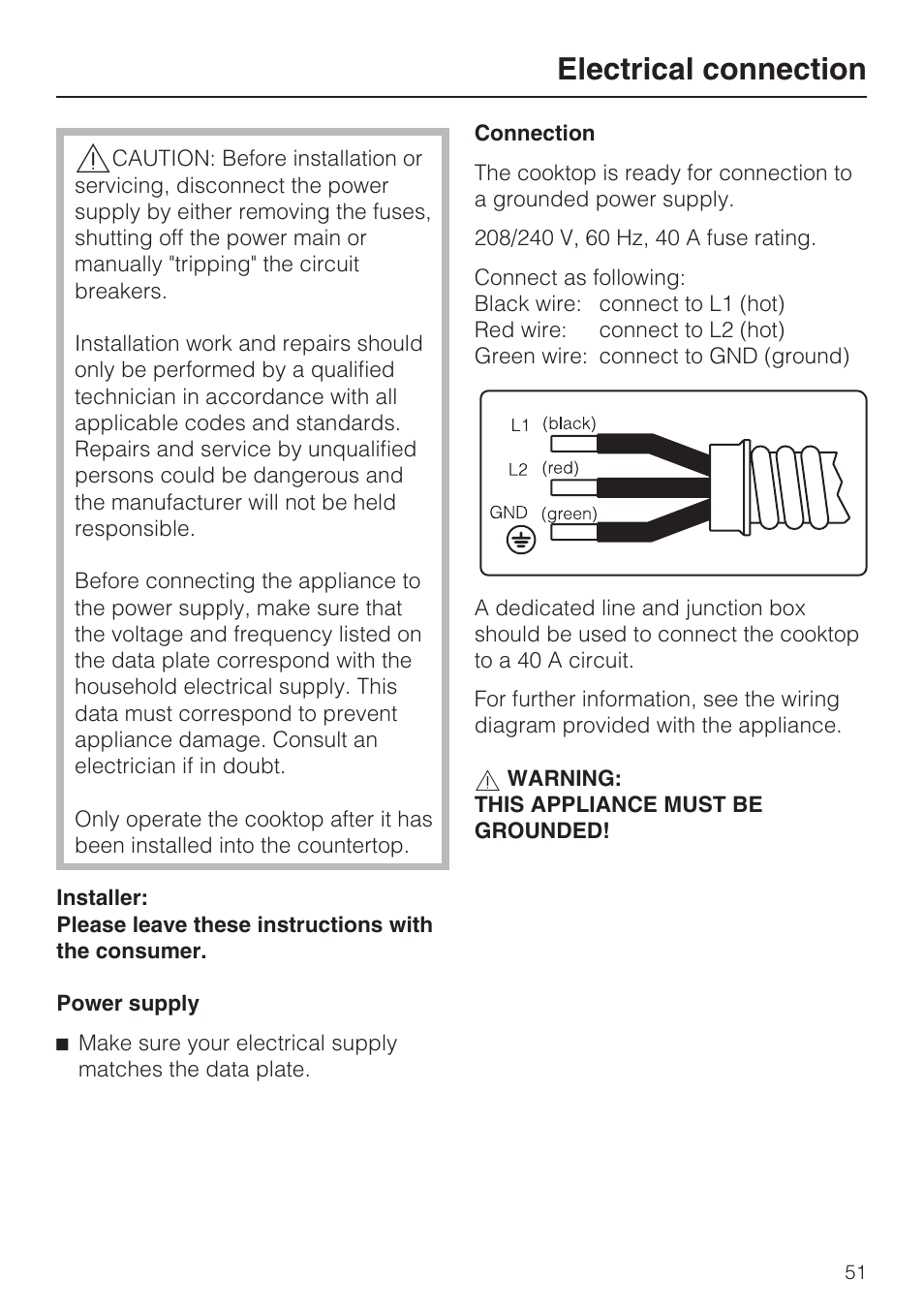 Electrical connection 51, Electrical connection | Miele KM5947 User Manual | Page 51 / 56