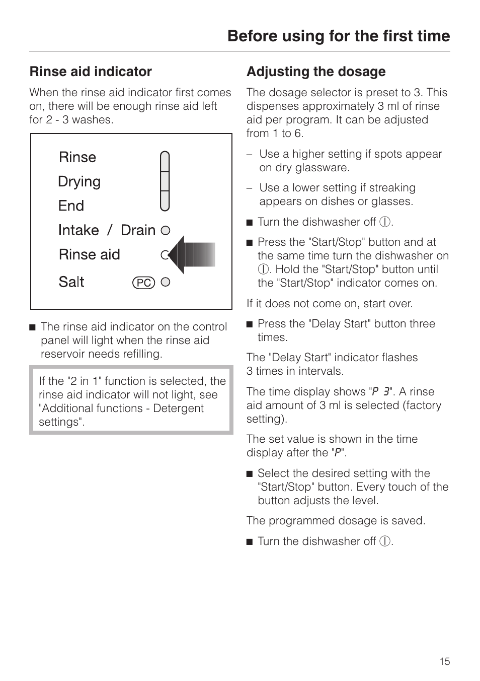 Rinse aid indicator 15, Adjusting the dosage 15, Before using for the first time | Rinse aid indicator, Adjusting the dosage | Miele G 2420 G 2430 User Manual | Page 15 / 60