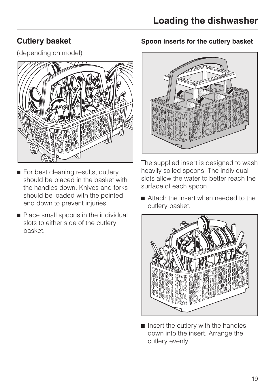 Cutlery basket 19, Loading the dishwasher, Cutlery basket | Miele G 2420 G 2430 User Manual | Page 19 / 60