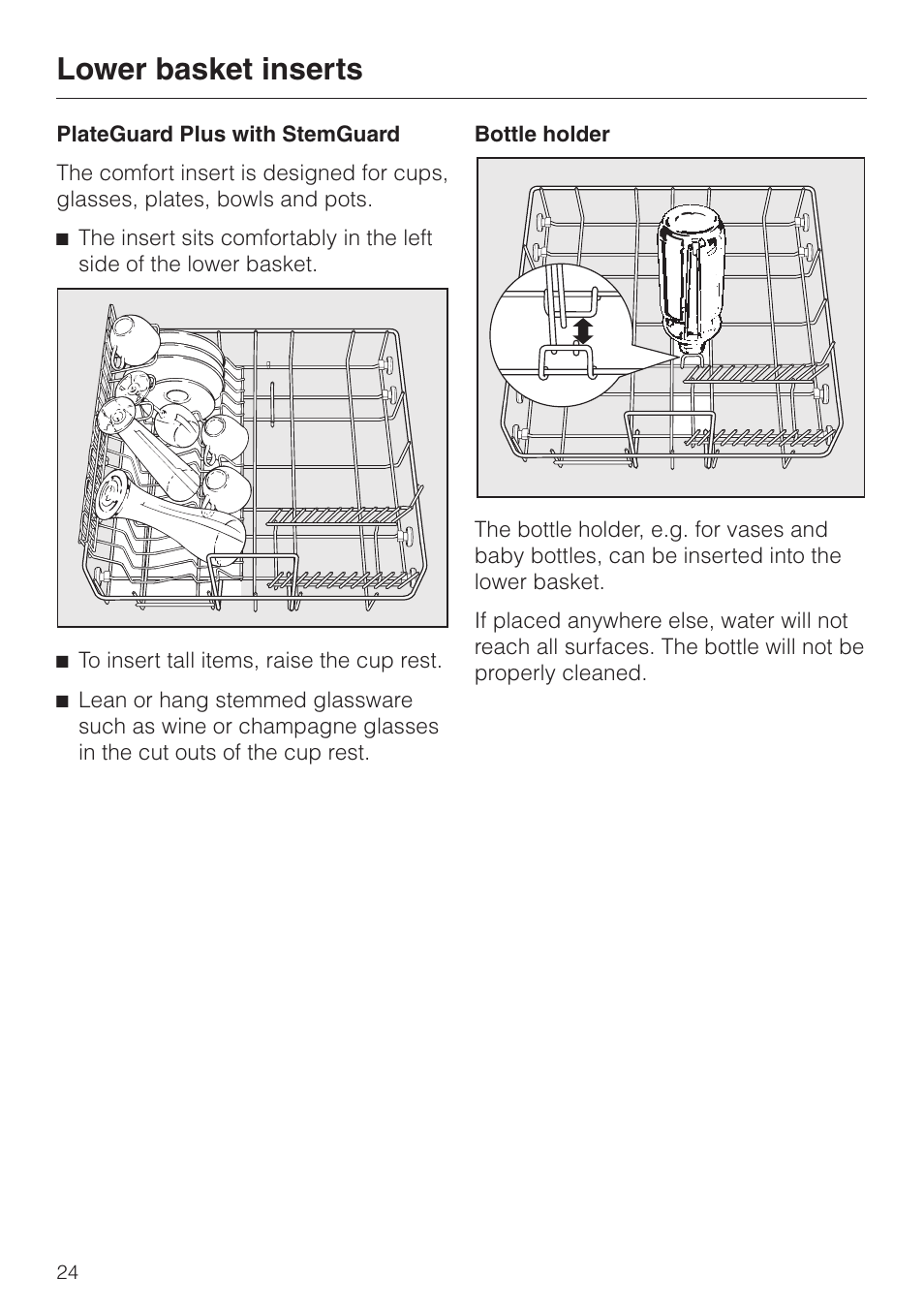 Lower basket inserts 24, Lower basket inserts | Miele G 2420 G 2430 User Manual | Page 24 / 60