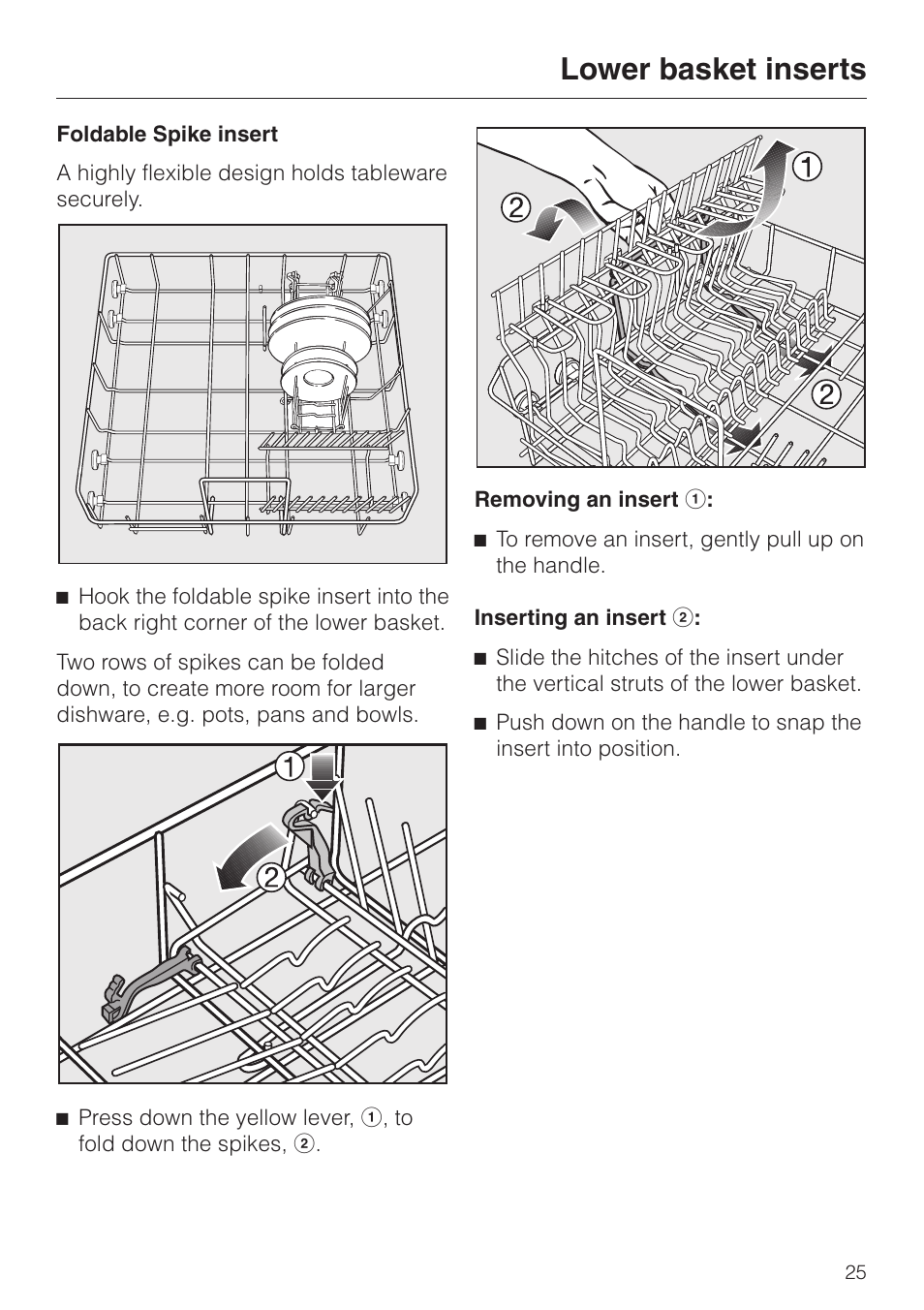 Lower basket inserts | Miele G 2420 G 2430 User Manual | Page 25 / 60
