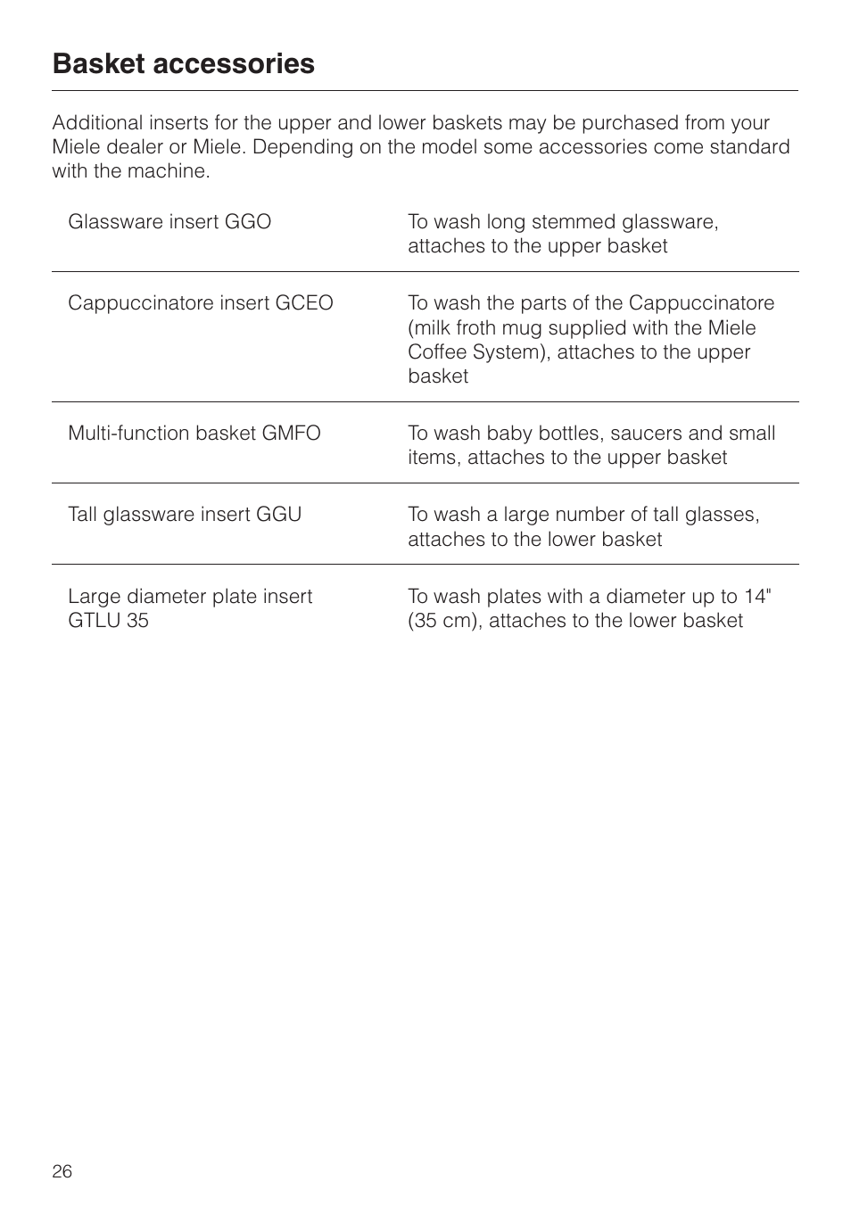 Basket accessories 26, Basket accessories | Miele G 2420 G 2430 User Manual | Page 26 / 60