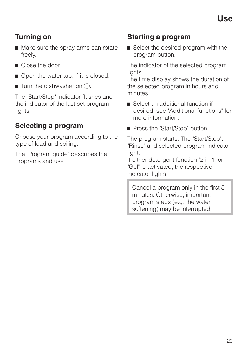 Turning on 29, Selecting a program 29, Starting a program 29 | Turning on, Selecting a program, Starting a program | Miele G 2420 G 2430 User Manual | Page 29 / 60