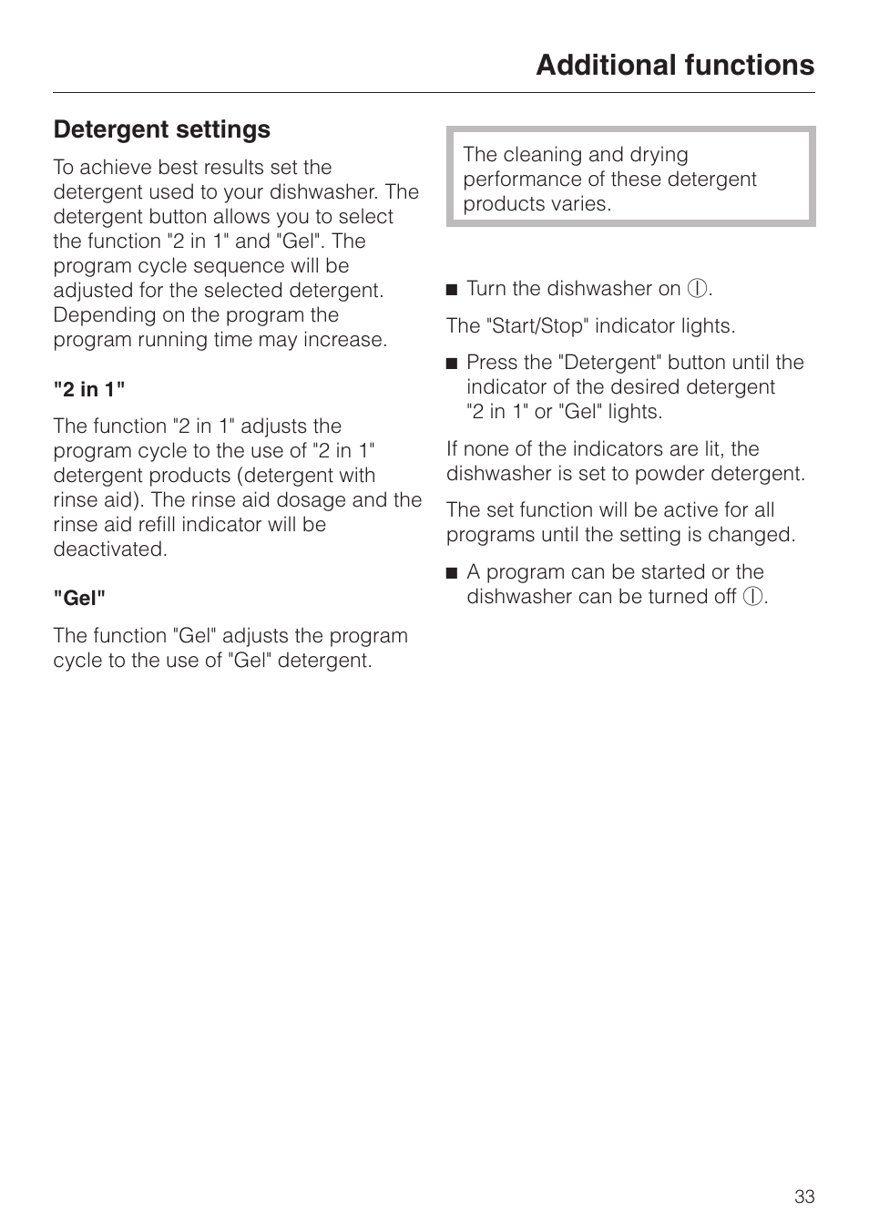 Additional functions 33, Detergent settings 33, Additional functions | Detergent settings | Miele G 2420 G 2430 User Manual | Page 33 / 60