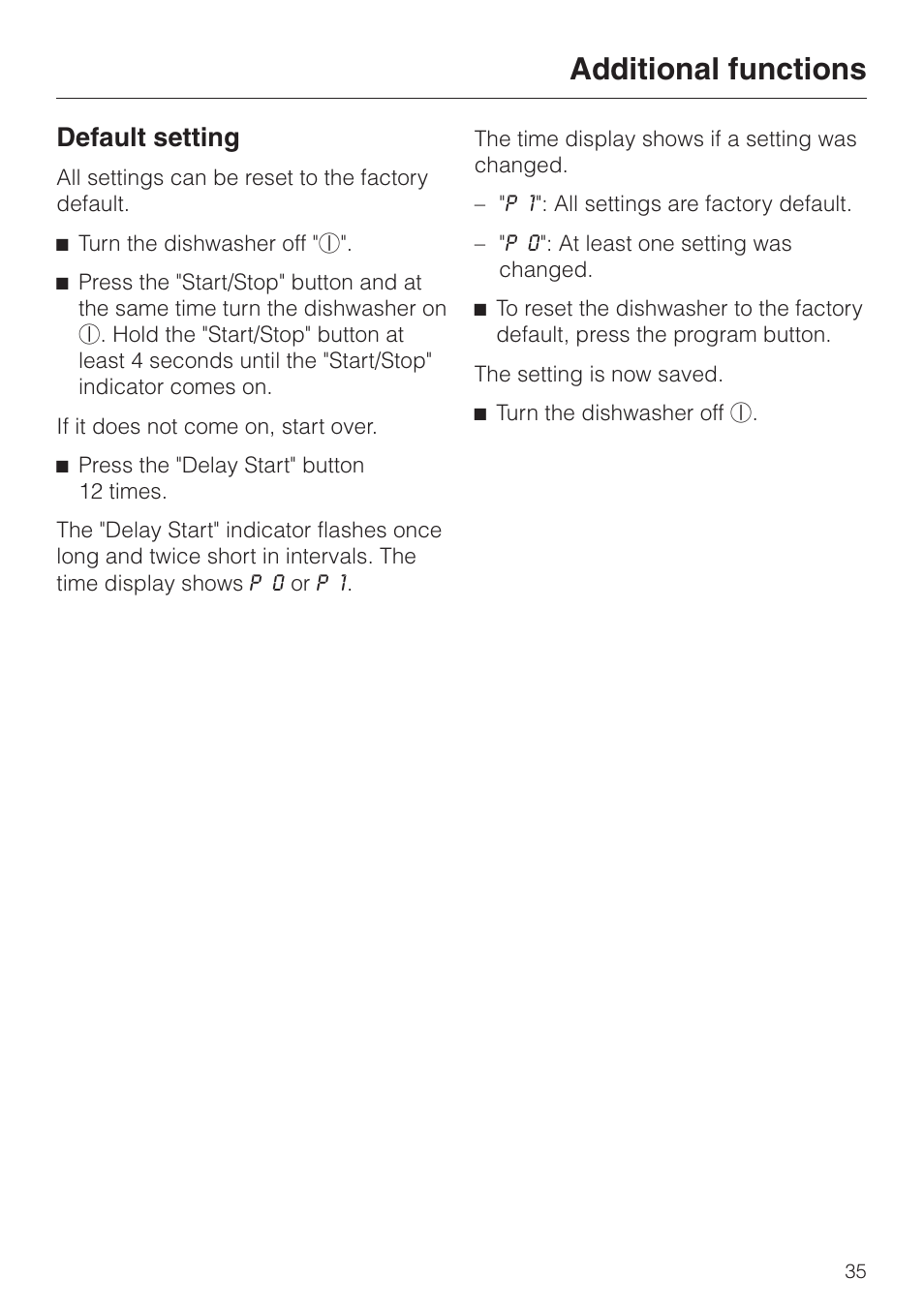 Default setting 35, Additional functions, Default setting | Miele G 2420 G 2430 User Manual | Page 35 / 60