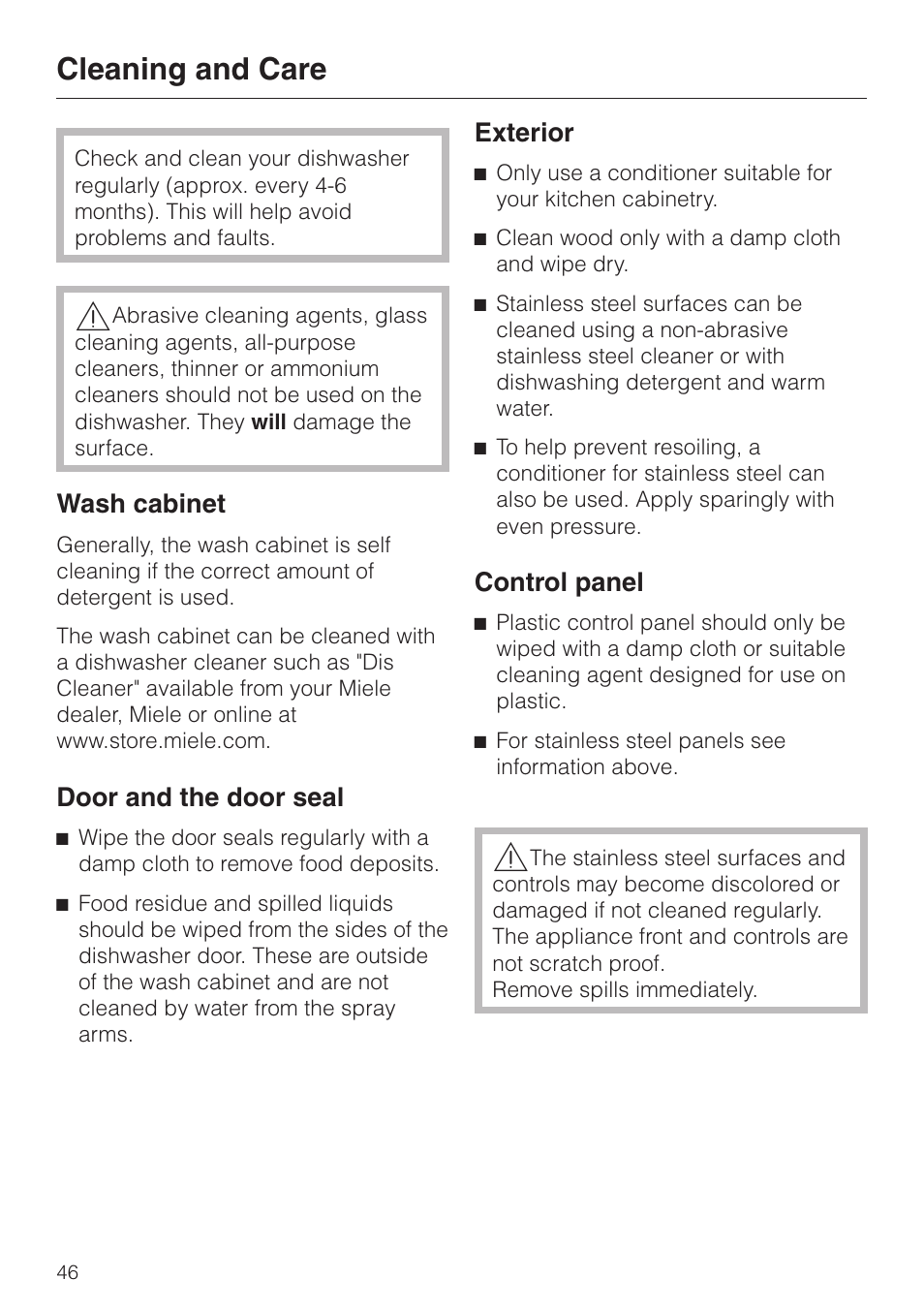 Cleaning and care 46, Cleaning and care, Wash cabinet | Door and the door seal, Exterior, Control panel | Miele G 2420 G 2430 User Manual | Page 46 / 60