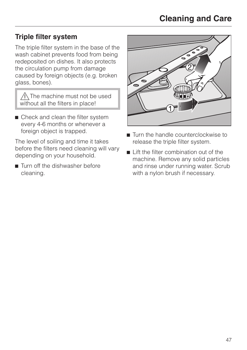 Triple filter system 47, Cleaning and care, Triple filter system | Miele G 2420 G 2430 User Manual | Page 47 / 60