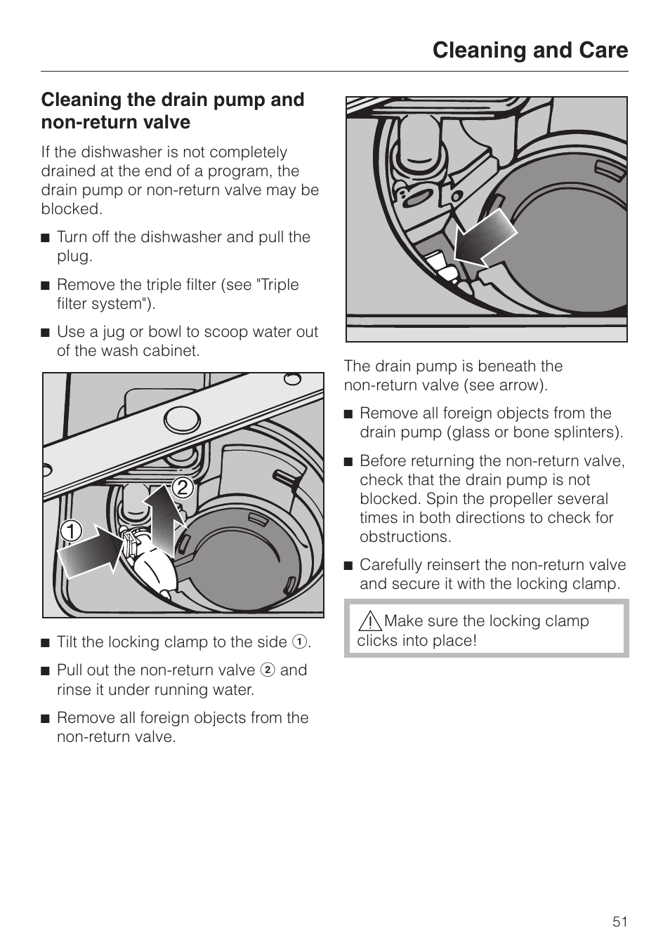 Cleaning the drain pump and non-return valve 51, Cleaning and care, Cleaning the drain pump and non-return valve | Miele G 2420 G 2430 User Manual | Page 51 / 60