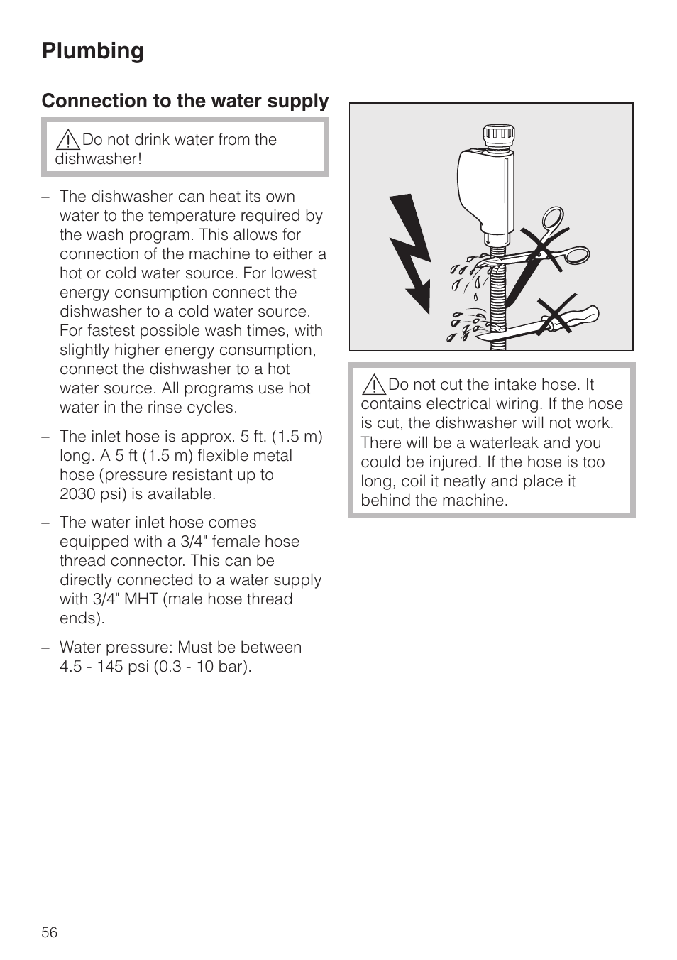 Plumbing 56, Connection to the water supply 56, Plumbing | Miele G 2420 G 2430 User Manual | Page 56 / 60