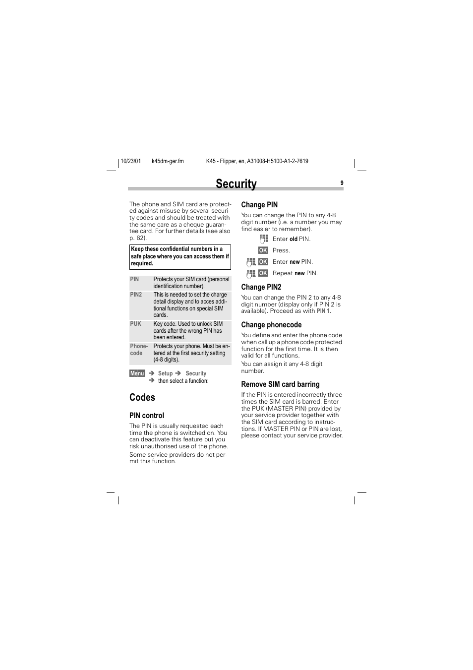 Security, 6hfxulw, Rghv | Siemens C45 User Manual | Page 11 / 82