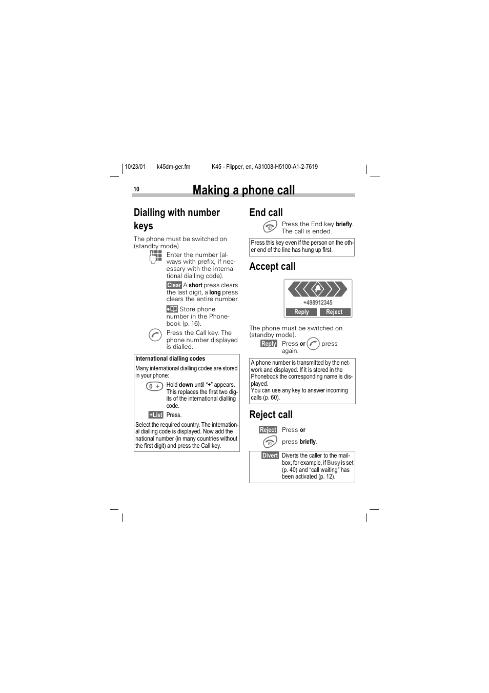Making a phone call, 0dnlqj d skrqh fdoo, Ldoolqj zlwk qxpehu nh\v | Qg fdoo, Ffhsw fdoo, 5hmhfw fdoo | Siemens C45 User Manual | Page 12 / 82