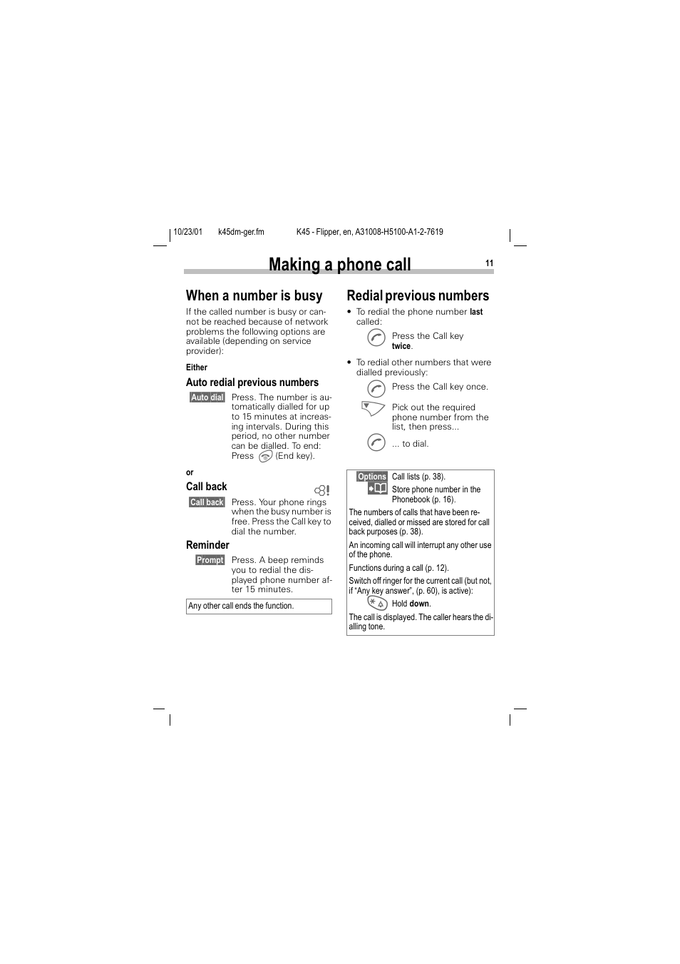 When a number is busy redial previous numbers, 0dnlqj d skrqh fdoo, Khq d qxpehu lv exv | 5hgldo suhylrxv qxpehuv | Siemens C45 User Manual | Page 13 / 82