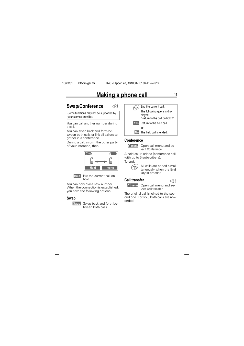 Swap/conference, 0dnlqj d skrqh fdoo, 6zds&rqihuhqfh | Siemens C45 User Manual | Page 15 / 82