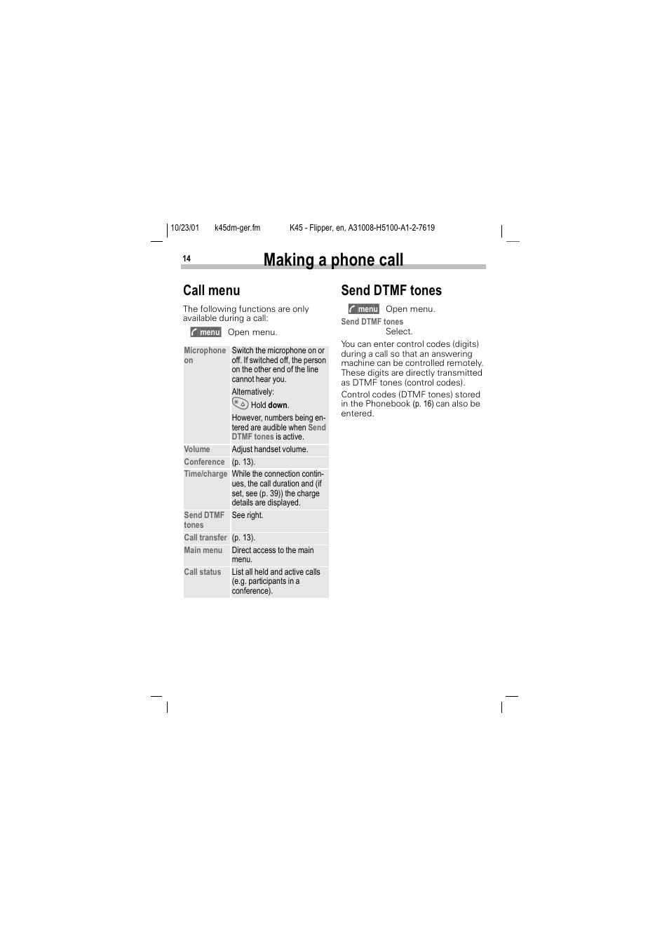 Send dtmf tones, 0dnlqj d skrqh fdoo, Doo phqx | 6hqg '70) wrqhv | Siemens C45 User Manual | Page 16 / 82