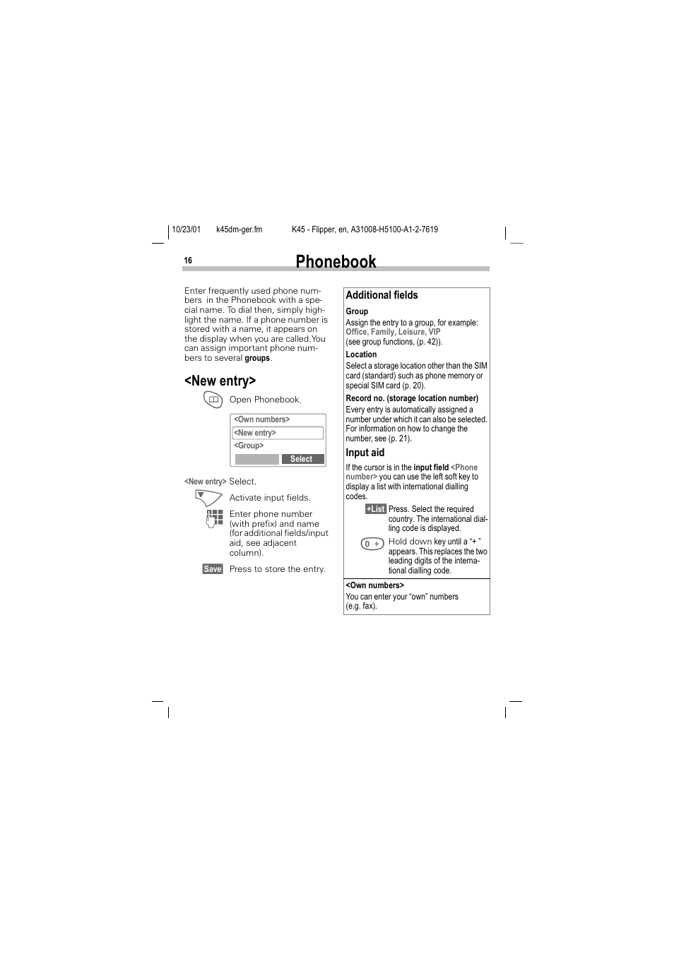 Phonebook, 3krqherrn, New entry | Ook (p. 16), 1hz hqwu | Siemens C45 User Manual | Page 18 / 82