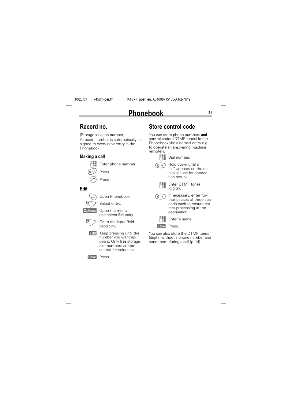 Record no store control code, 3krqherrn, 5hfrug qr | 6wruh frqwuro frgh | Siemens C45 User Manual | Page 23 / 82