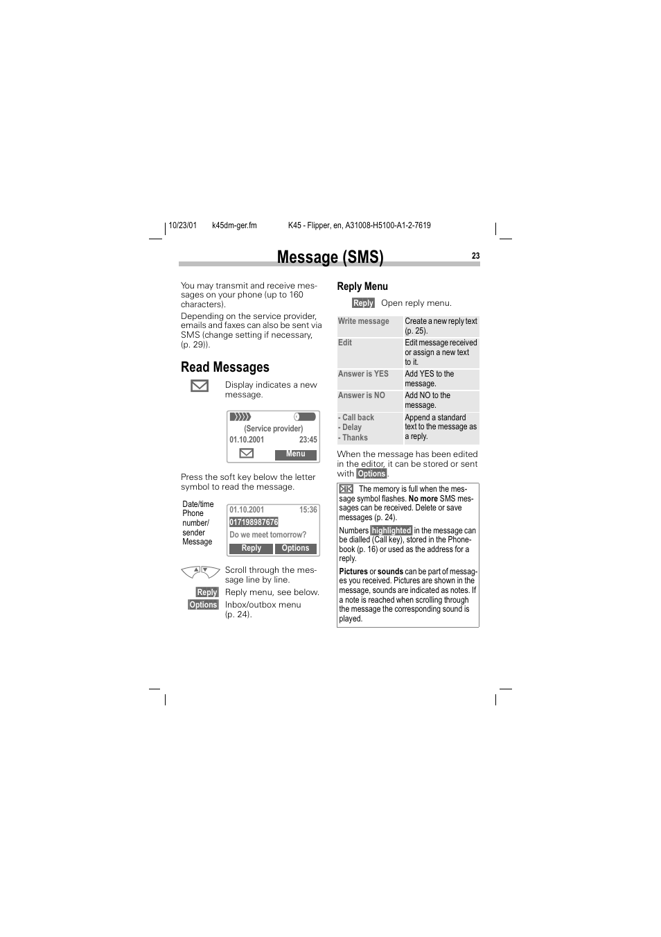 Message (sms), 0hvvdjh 606, Read messages | 5hdg 0hvvdjhv | Siemens C45 User Manual | Page 25 / 82